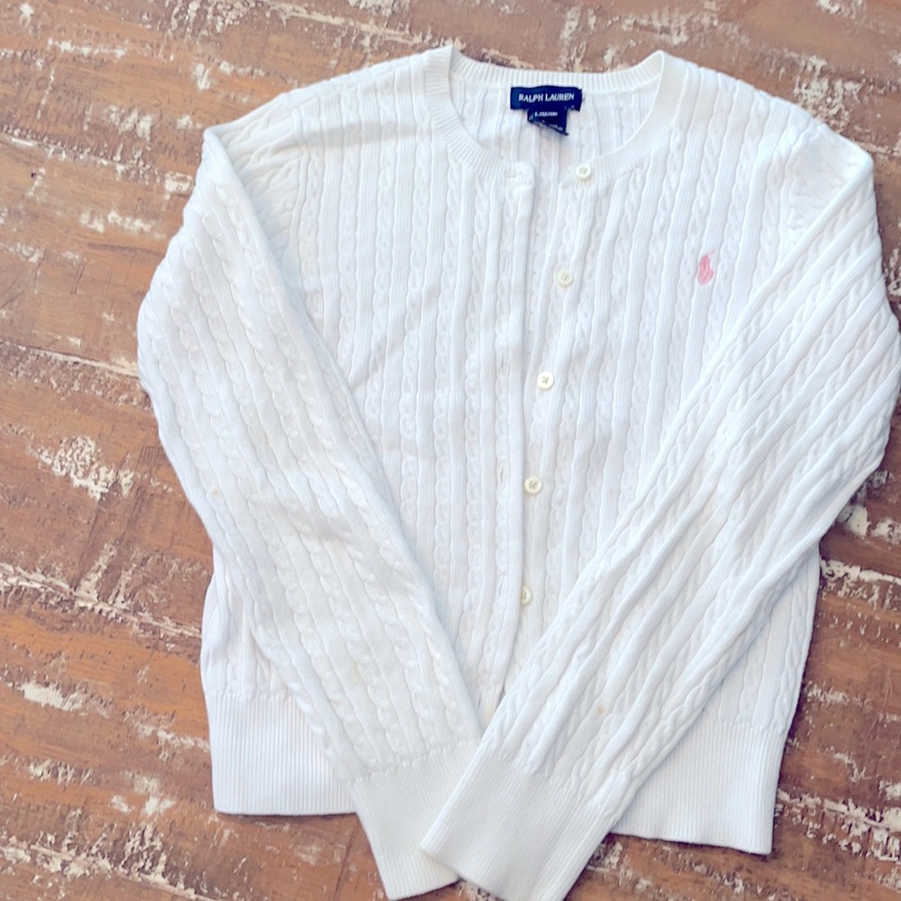 Ralph Lauren, White, Cable Knit Cardigan, Girls, Size Large